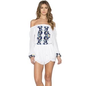 Lovers + Friends Carmella romper ivory blue embroidered off shoulder Medium